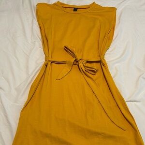 SHEIN Solid Belted Tank Dress With Shoulder Pads